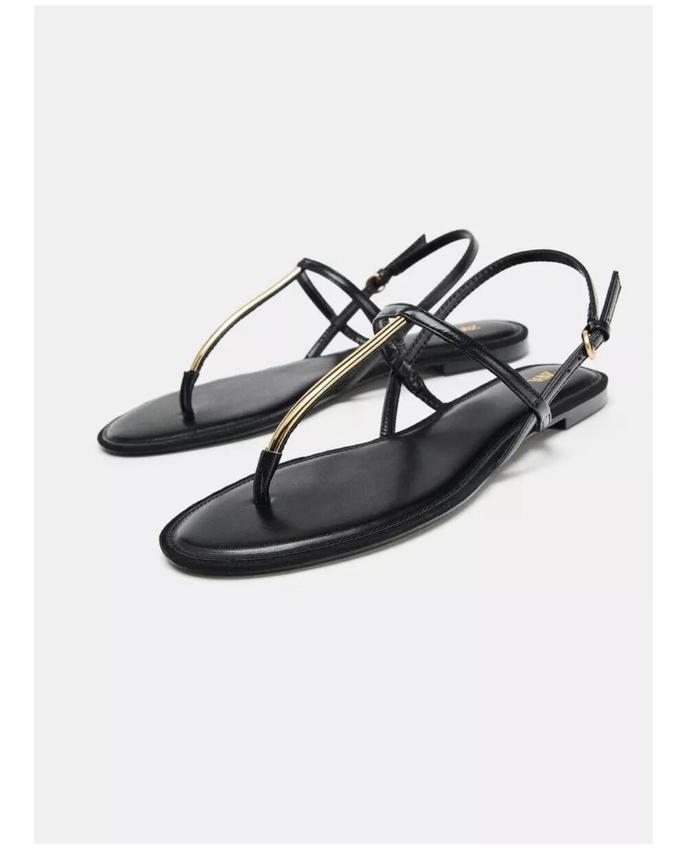 ZARA Black Flat Sandals Metallic Appliqué Gold Ankle Strap Women US7.5 EU 38 NWT